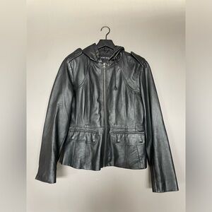 Nine west Black Leather Zip-Up Hooded Jacket